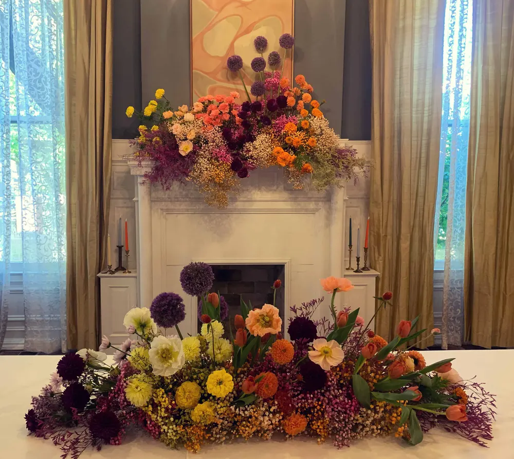 Autumn mantel and hearth arrangement in rich fall colors
