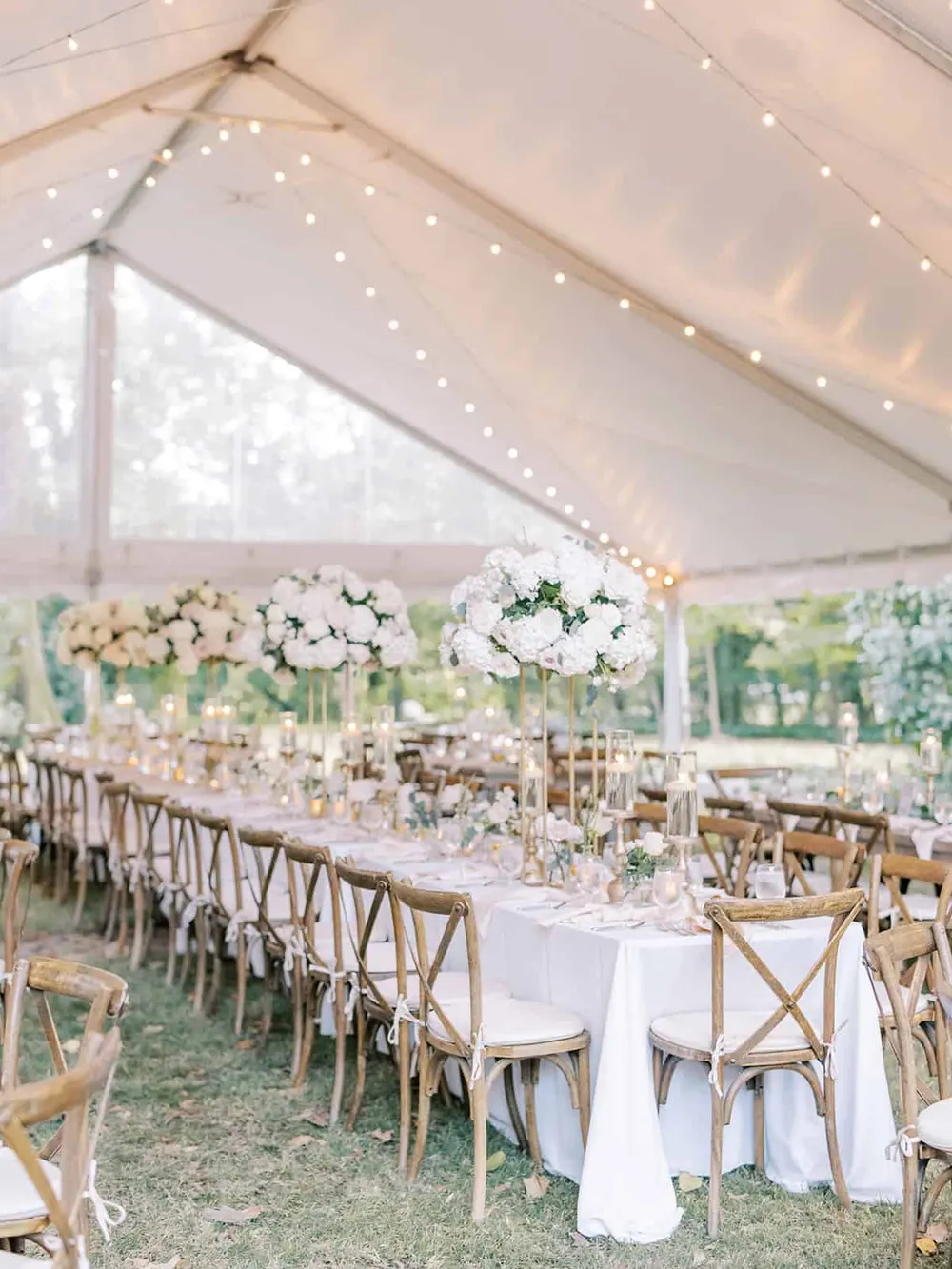 Tented reception with long tables and tall white floral centerpieces